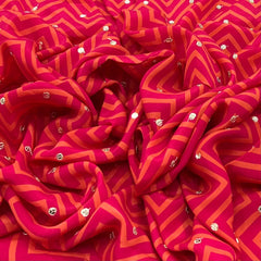 Orange Pink Zig Zag Crepe Printed Sequins Embroidery
