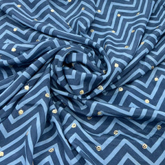 Blue Zig Zag Crepe Printed Sequins Embroidery