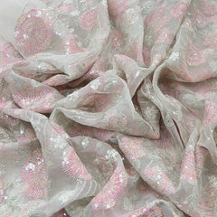White Pink Floral Geometric Thread Sequins Organza Embroidery