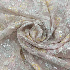 Baby Pink Floral Geometric Thread Sequins Organza Embroidery