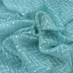 Aqua Blue Wave Sequins & Thread Organza Embroidery