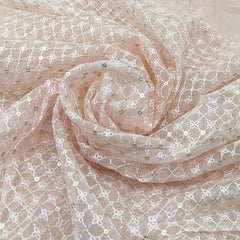 Light Peach Checks Sequins & Thread Organza Embroidery