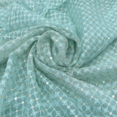 Light Sea Green Checks Sequins & Thread Organza Embroidery