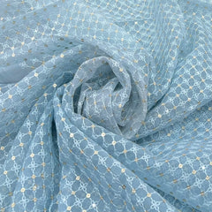 Sky Blue Checks Sequins & Thread Organza Embroidery