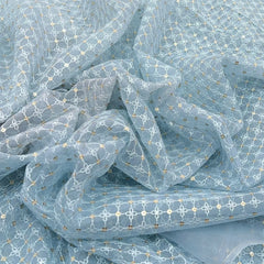 Sky Blue Checks Sequins & Thread Organza Embroidery