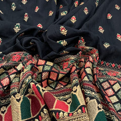 Black Daman Slub Silk Thread Zari Embroidery Fabric