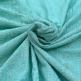 Aqua Blue Slub Silk Thread Sequins Embroidery