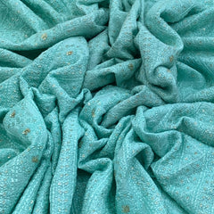 Aqua Blue Slub Silk Thread Sequins Embroidery