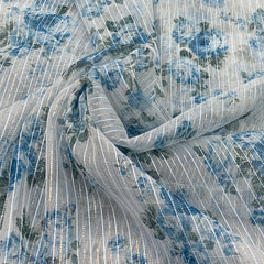 Blue White Floral Print Lurex Organza Embroidery