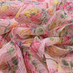 Pink Floral Print Lurex Organza Embroidery