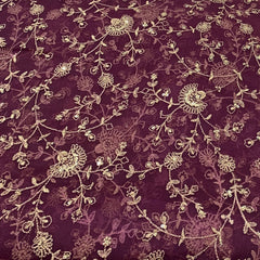 Wine Zari Jal Sequins Organza Embroidery