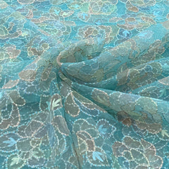 Aqua Blue Floral Sequins Thread Organza Embroidery