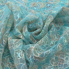 Aqua Blue Floral Sequins Thread Organza Embroidery