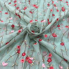 Sea Green Floral Organza Thread Embroidery