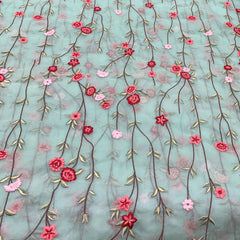 Sea Green Floral Organza Thread Embroidery