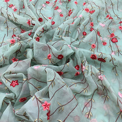 Sea Green Floral Organza Thread Embroidery