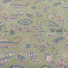 Green Multicolor Slub Silk Sequins Thread Kantha Embroidery