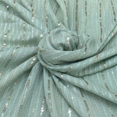 Mint Green Stripes Sequins Thread Georgette Embroidery