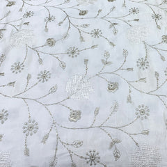 White Gajji Satin Embroidered Fabric