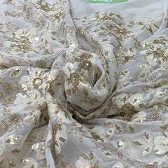 Off White Gold Floral Overall Georgette Embroidery