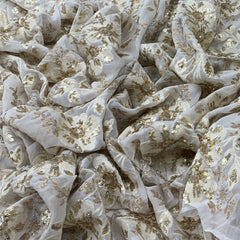 Off White Gold Floral Overall Georgette Embroidery