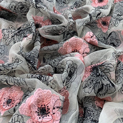 Off White Peach Black Floral Organza Sequins Thread Embroidery