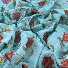 Blue Floral Sequins Thread Organza Embroidery