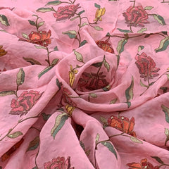 Pink Floral Sequins Thread Organza Embroidery