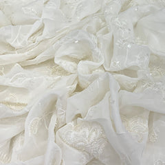 Off White Pearl Floral Georgette Embroidery