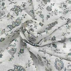 White Blue Grey Floral Linen Thread Sequins Embroidery