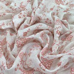 White Peach Floral Linen Thread Sequins Embroidery
