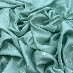 Mint Green Flower Sequins Thread Slub Silk Embroidery