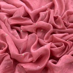 Carrot Pink Flower Butti Chanderi Sequins Thread Embroidery