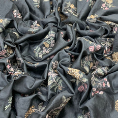 Grey Floral Chanderi Thread Embroidery