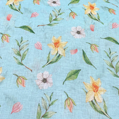 Gauge Linen Light Aqua Blue Floral Print
