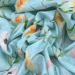 Gauge Linen Light Aqua Blue Floral Print