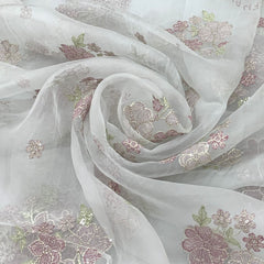 Light Powder Blue Floral Pure Organza Sequins Thread Embroidery