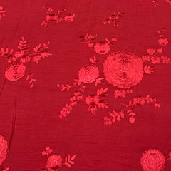 Bright Red Slub Silk Self Floral Embroidery