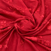 Bright Red Slub Silk Self Floral Embroidery