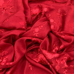 Bright Red Slub Silk Self Floral Embroidery