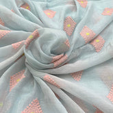 Baby Blue Pink Mul Chanderi Thread Embroidery