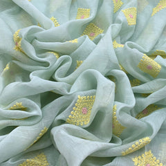 Light Mint Green Yellow Mul Chanderi Thread Embroidery
