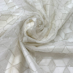 White Geometric Organza Sequins Thread Embroidery