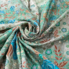 Green Blue Printed Sequins Thread Crepe Embroidery