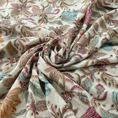 Natural Gold Printed Sequins Thread Crepe Embroidery