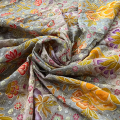 Grey Yellow Printed Sequins Thread Crepe Embroidery