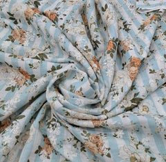 White Blue Stripes Floral Thread and Sequins Linen Embroidery