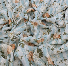 White Blue Stripes Floral Thread and Sequins Linen Embroidery