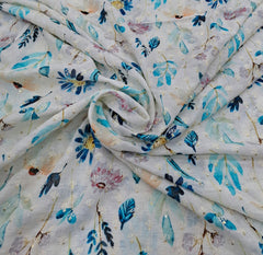 White and Blue Floral Print Thread and Sequins Linen Embroidery