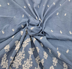 Blue White Linen Daman Cutwork Embroidery
